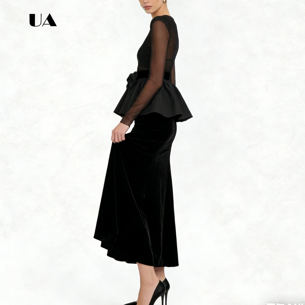 ULBYANRY Abito da ballo trasparente in velluto con strato di raso e fiocco, abito da sera drappeggiato con scollo a O solido, elegante abito da festa personalizzato