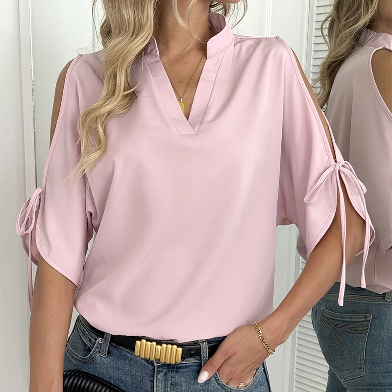 

Women's Stand Collar V-Neck Cold Shoulder Blouse Spring Summer Loose Tie Cuff 3/4 Sleeve Shirt Elegant Casual Versatile Top for