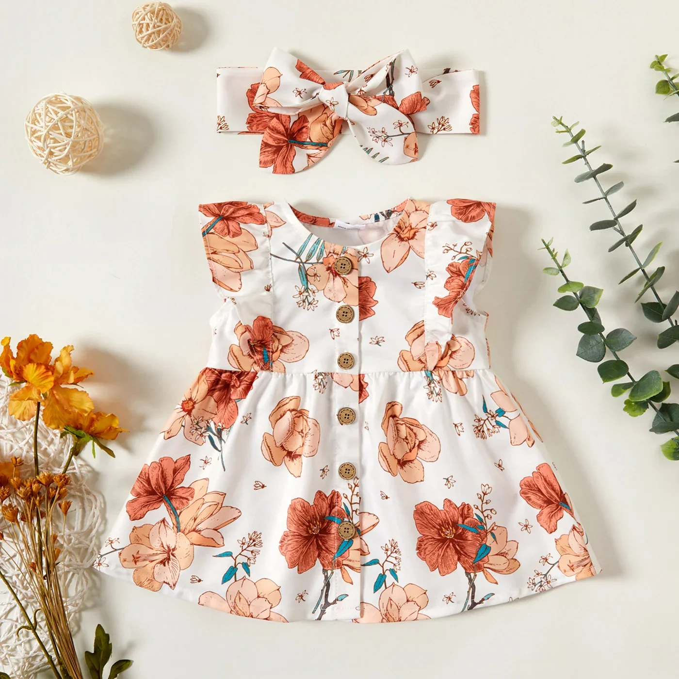 PatPat 2pcs Baby Girl 100% Cotton Solid/Floral-print Sleeveless Ruffle Button Up Dress with Headband Set Comfortable