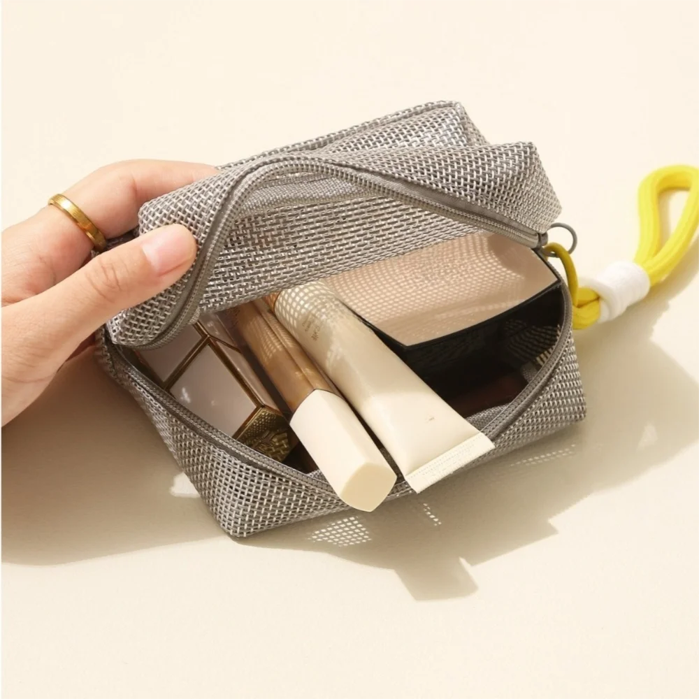 Tas Kosmetik Jala Portabel Kapasitas Besar Abu-abu dengan Resleting, Dompet Koin Persegi, Dilengkapi Pegangan, Tas Perlengkapan Mandi untuk Perjalanan