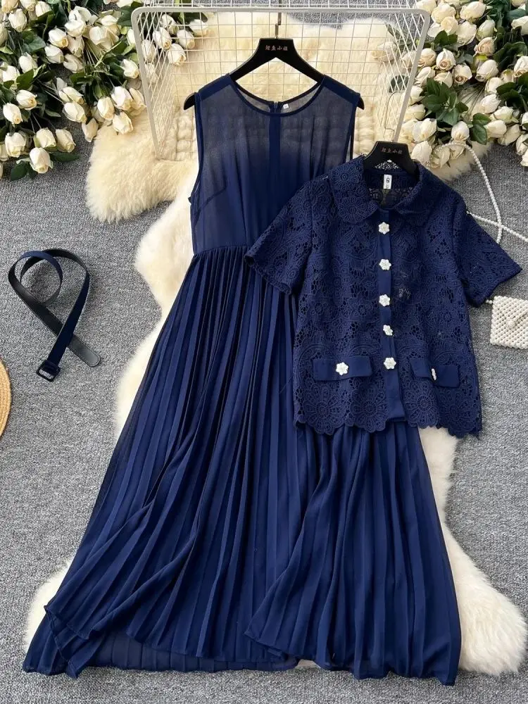 Summer Holiday Two Piece Dresses Women Hook Flower Embroidery Hollow Out Lace Shirt Petal Buttons Pleated Long Vestidos Belt