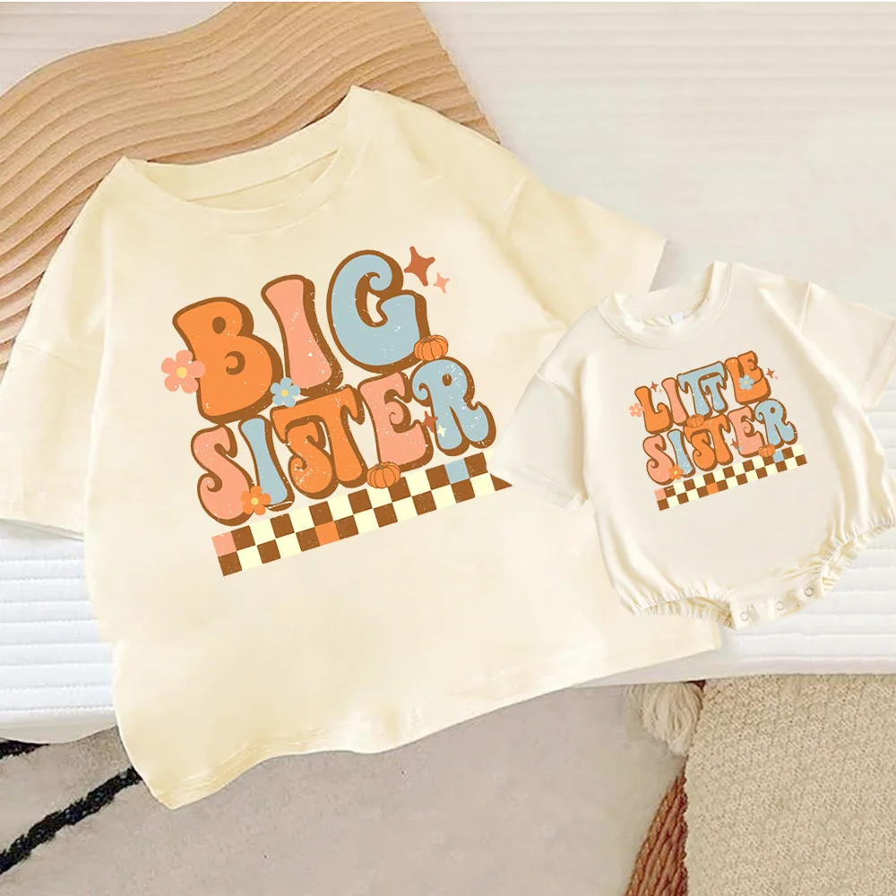 Big Sister/Little Sister Print Kid Retro Family Outfit Casual Child Sisters Outfit Short Sleeve T-shirt+Romper Bubble Clothes