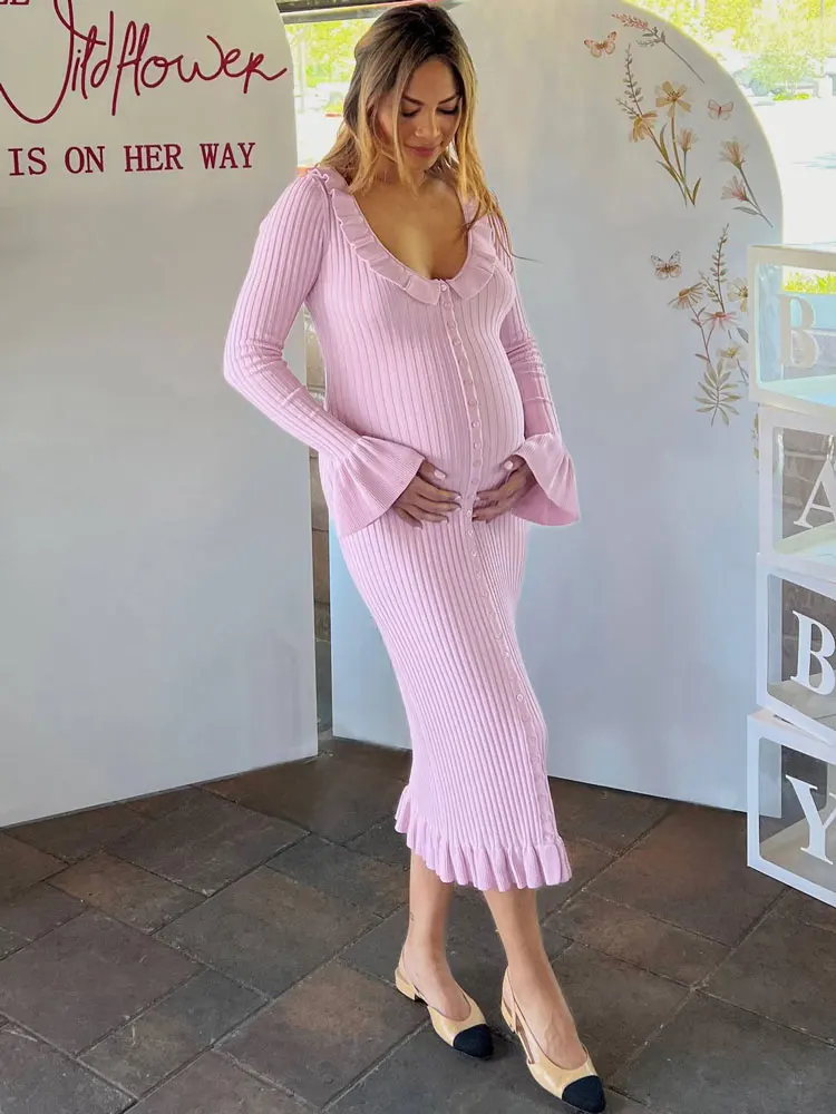 Tossy Ruffled Ribbed Knitwear Long Dress For Women Scoop Neck Slim High Waist Patchwork Elegant Dress Knit Female Maxi Dress New