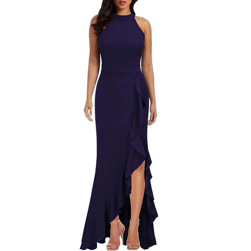 Abito lungo estivo da donna elegante Abito lungo sexy a vita alta senza maniche con scollo all'americana da sera per abiti da cerimonia nuziale per feste Femme