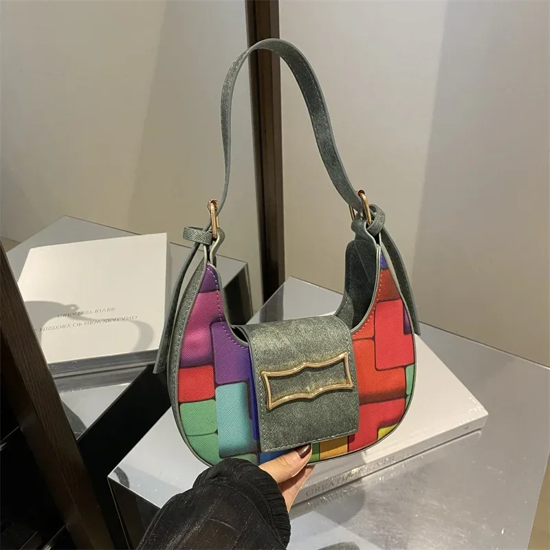 Contrasting color saddle bag women's fashion retro underarm texture niche design versatile shoulder bag