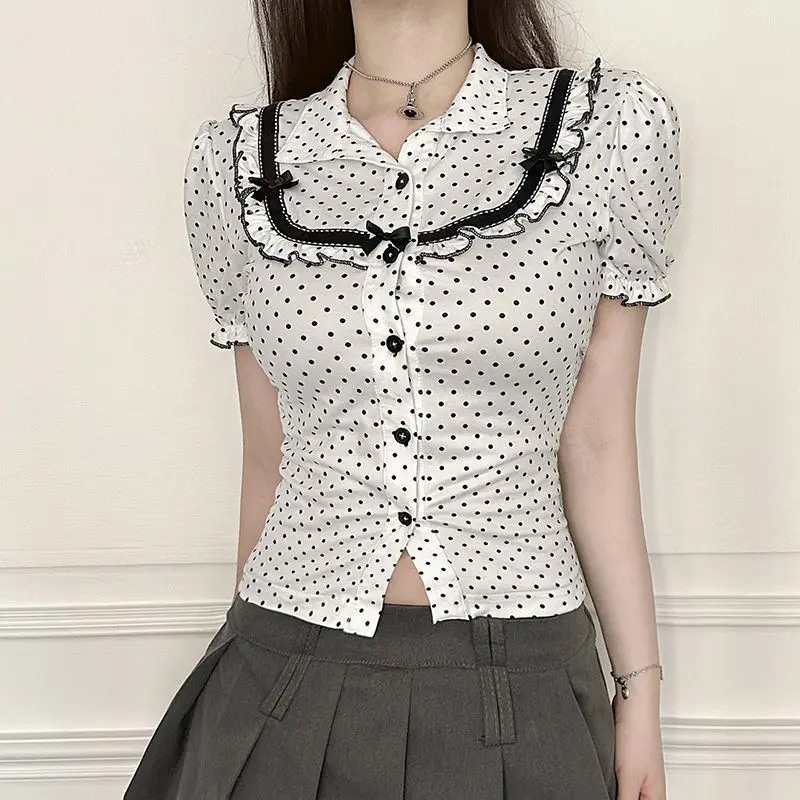 

Новинка 2026 года, черный топ в горошек с французским бантом и контрастным черным грибом, женская футболка с объемными рукавами для милых девочек, облегающая футболка с грудью