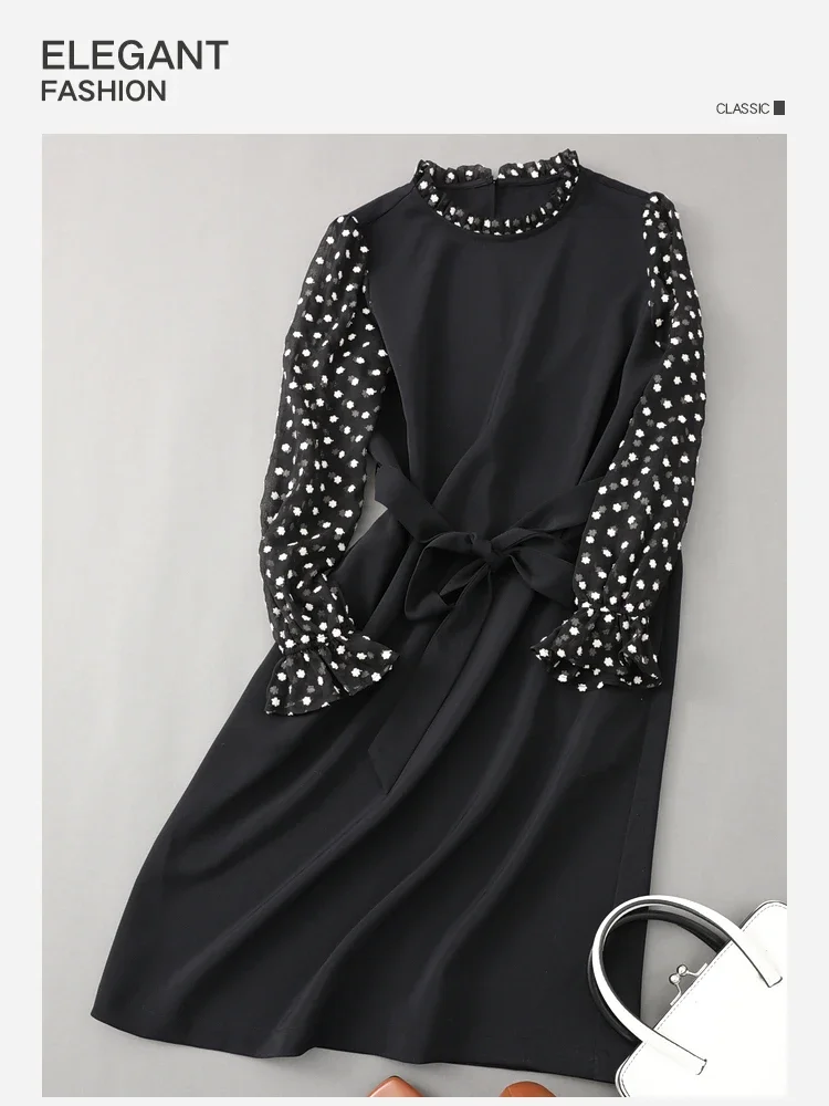 Vimly Elegant Belted Black Dresses for Women 2023 Spring Fashion Slim Ruffles Transparent Long Flare Sleeve Midi Party Dress