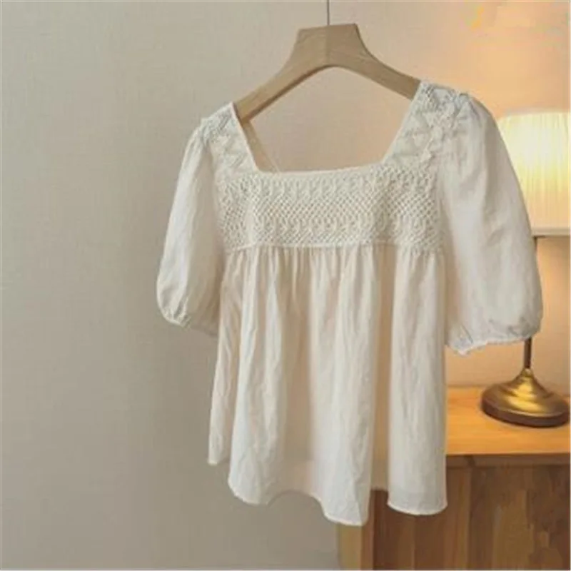 

Blouse Women 2025 New Summer Hook Flower Hollow Out Collarbone Square Collar Shirt Female Loose Bubble Sleeve Top Shirt