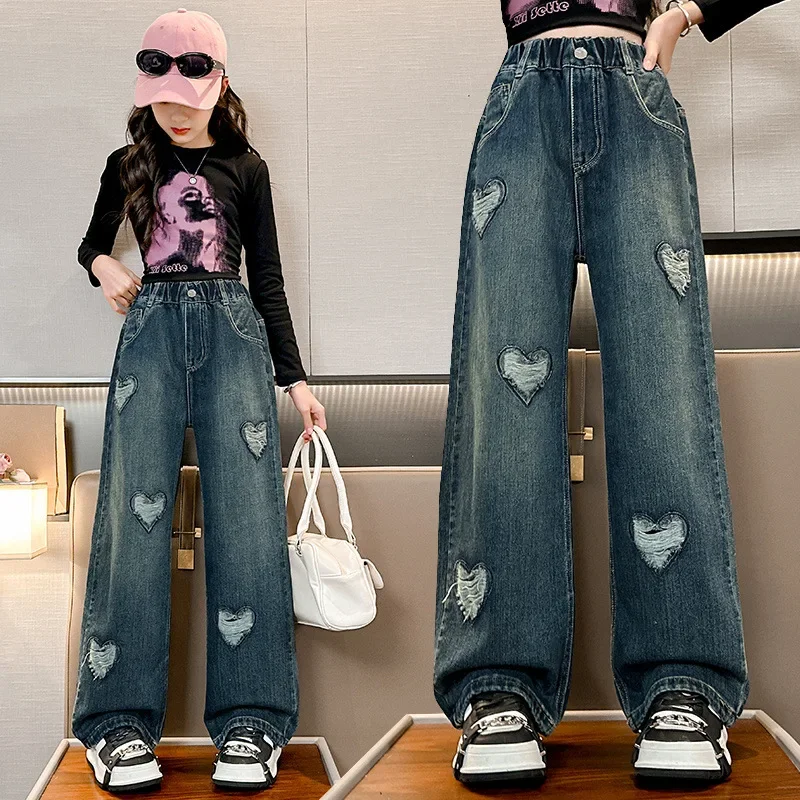 Korean Style Kids Ripped Jeans for Teen Girls with Hearts Fashion High Waist Teenager Denim Pants Long Trousers 5 7 9 11 13 14 Y