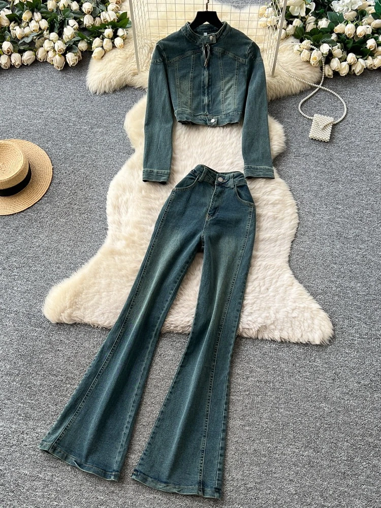 

American style retro denim street two-piece set women's autumn new slim fit short jacket high waist fashion wide leg pants