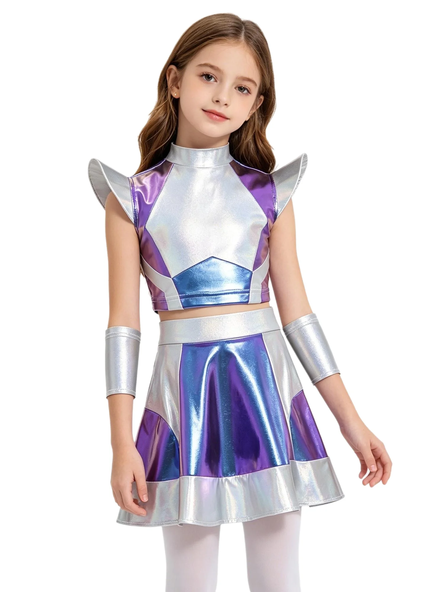 Girls Halloween Alien Cosplay Costume 3Pcs Metallic Outfit Top Skirt Oversleeves for Party Stage Performance