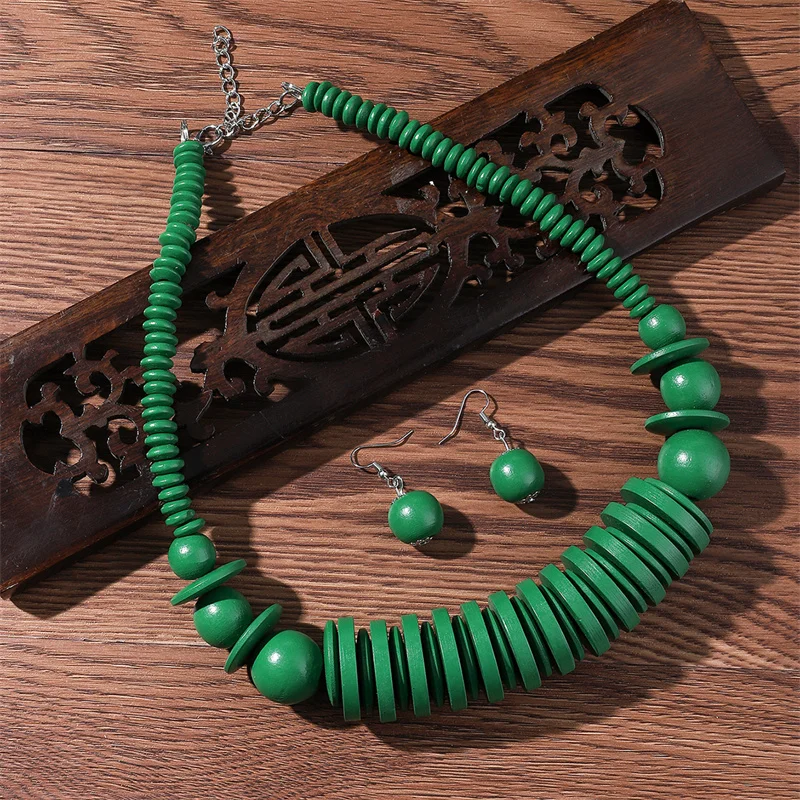 African Jewelry Set Wood Beads Necklace Set Bohemia Vintage Beaded Choker for Women Earrings Set Wedding Party Jewelry Gifts