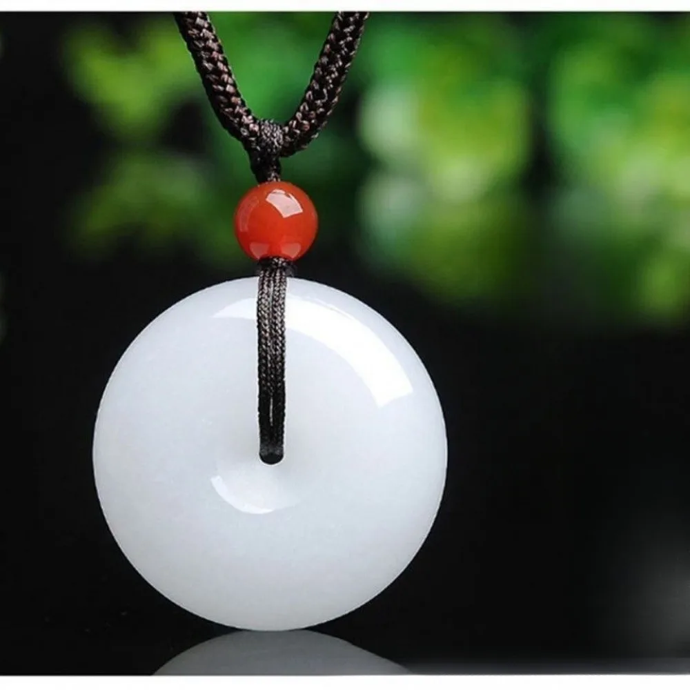 Imitation Jade Peace Donut Pendant Necklace, Adjustable Braided Cord Necklace for Women, Glass Ping An Buckle Jewelry for Daily Wear & Travel Photos, 2 Pack, Random White & Green Color