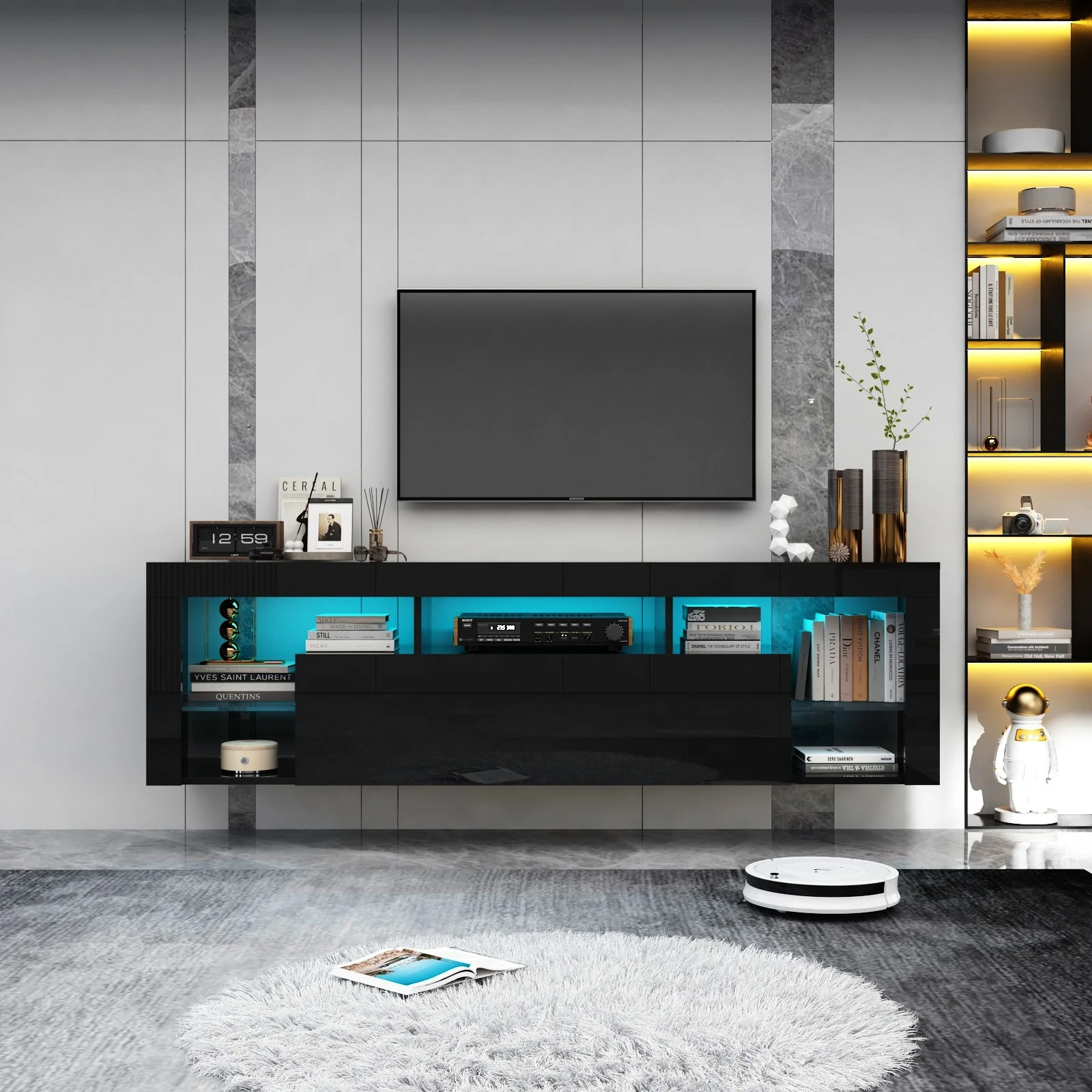 63 Inch Floating TV Stand, High Gloss Led TV Cabinet with Storage and Shelf, Gaming Entertainment Center Console Table