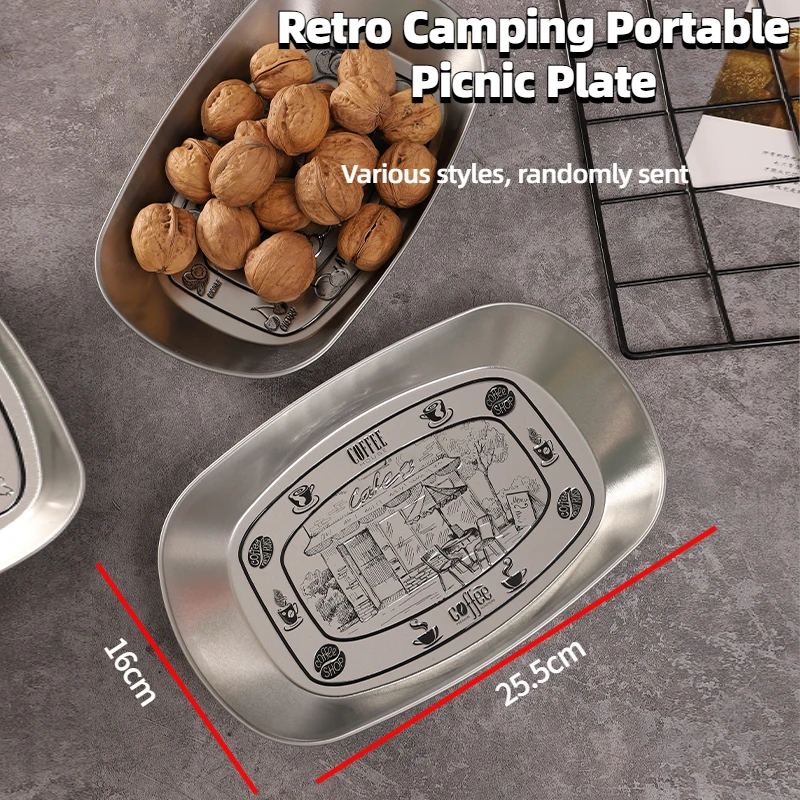 

Portable Plate for Outdoor Picnic,,Retro Camping Cooking Tableware, BBQ Plate, Stainless Steel Food Dish, Multiple Styles