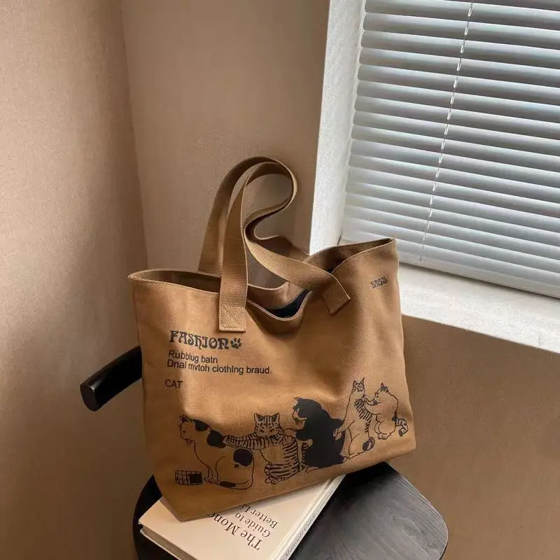 

Холщовая большая сумка большой вместимости для женщин, винтажная модная сумка через плечо, кошка, японский стиль, утолщенная для студентов