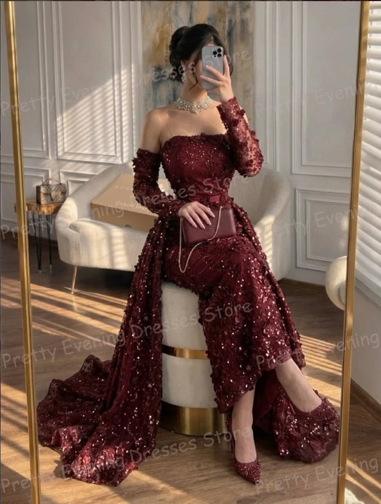 Simple Red Evening Dresses Mermaid Shiny Women's Prom Gowns Customized Tea-Length Sequin Beach Party Fashion Vestidos De Novia