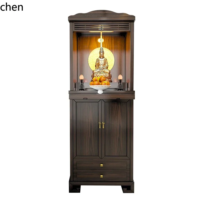 HT Standing Cabinet Buddha Modern God of Wealth Guanyin Worship Cabinet Black Walnut Wood Altar Cabinet