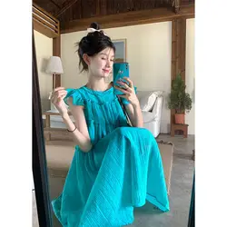 Robe Femme Temperament Pleated Loose Flying Sleeve Dress for Women Summer 2024 Doll Hotsweet Y2k Beach Maxi Vestidos