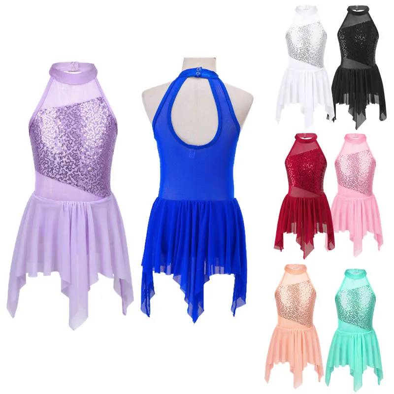 Figure Skating Dress For Girls Kids Sequins Ballet Dress Modern Contemporary Irregular Chiffon Children Lyrical Solo Dance Wear