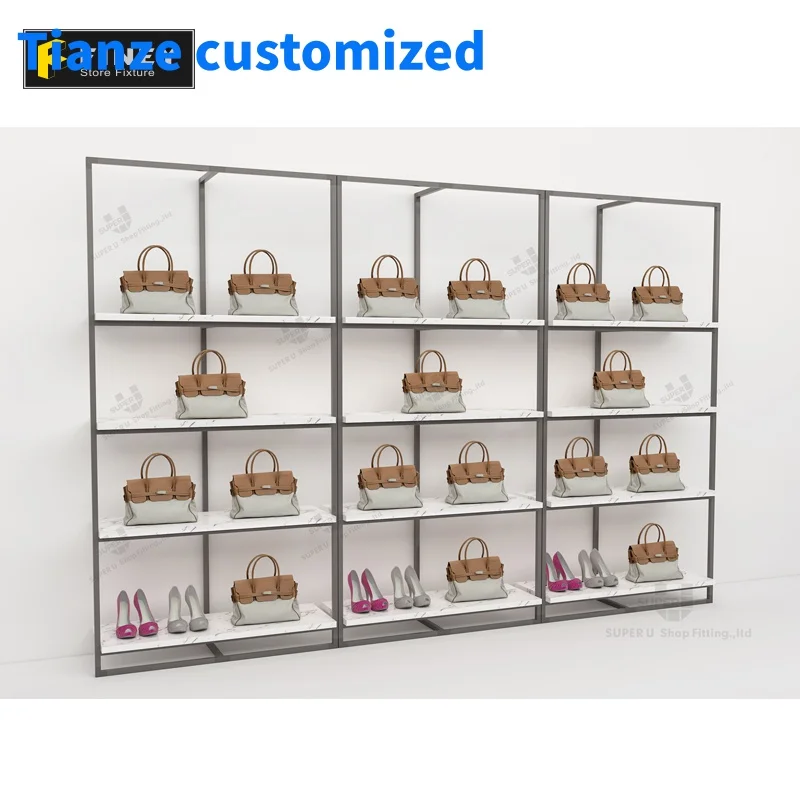 (Op Maat) Op Maat Gemaakte Fabrieksprijs Mdf Houten Metalen Frame Tassen Display Wandrek Boetiek Mode Handtas Displaystandaard