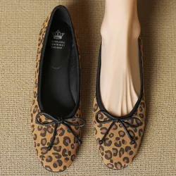 5 Color plus size 34-43 women's leopard suede leather round toe sweet bowtie slip-on ballet flats elegant ladies slim ballerinas