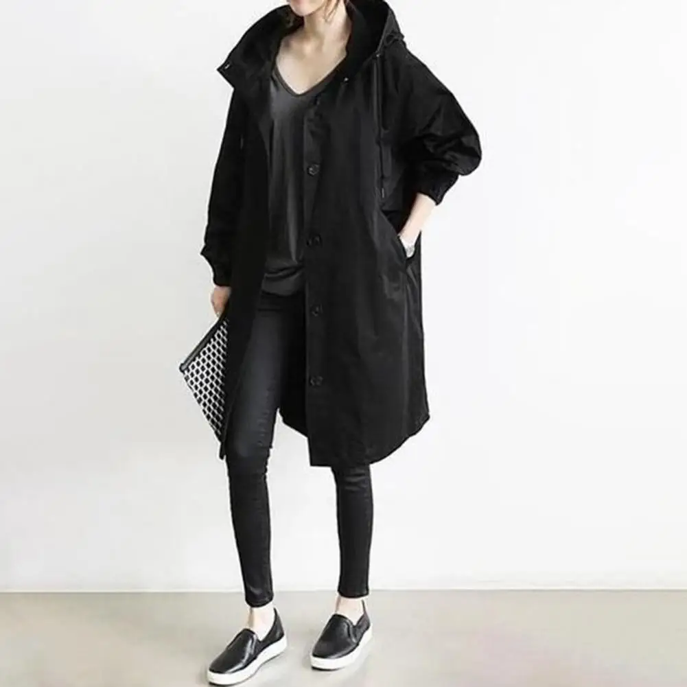 Women's Long Trench Coat Solid Color Elegant Windbreaker Jacket Loose Hooded Coat Ladies Raincoat Overcoat Loose Outwear
