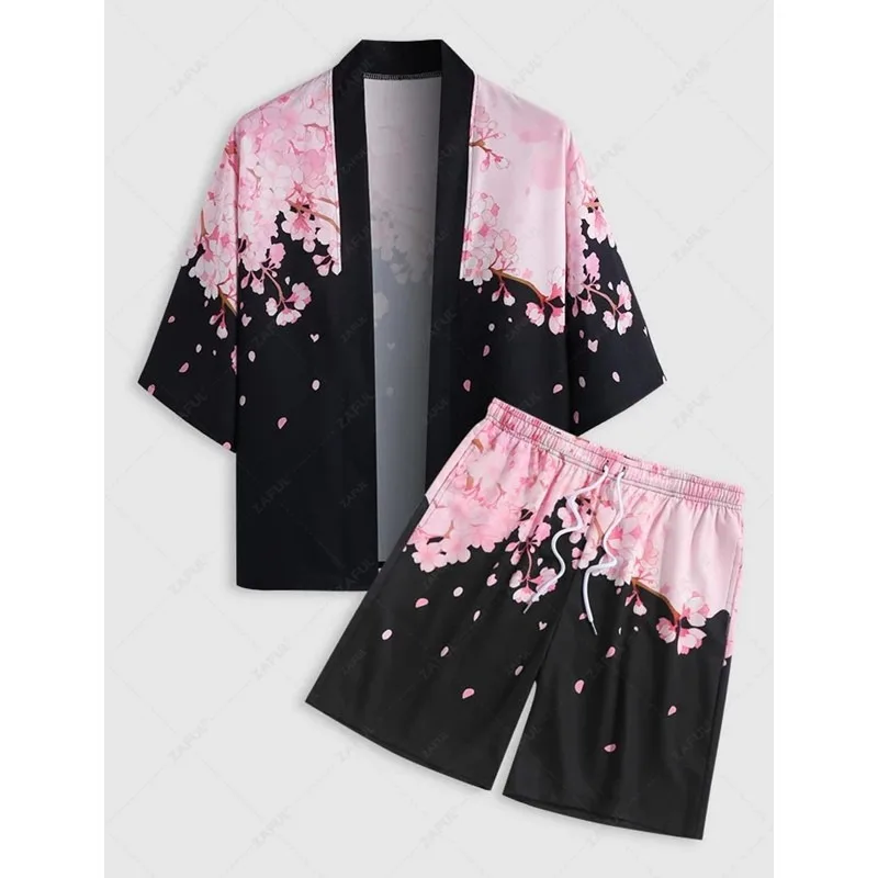 

Комплект из двух предметов: японское кимоно-кардиган и шорты с цветочным принтом, рубашка для мужчин и женщин, традиционная юката, хаори, оби, костюм для косплея