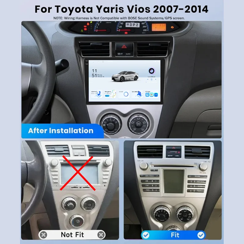 

9'' 4-64GB For Toyota VIOS Yaris 2007-2012 Car Radio Wireless Carplay Android Auto FM BT Head Unit Outer Frame + Cable