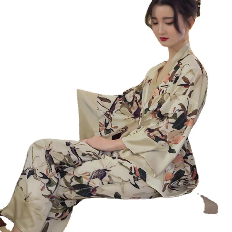 Women\'s Pajamas Sets Spring Autumn 2 Piece Print Kimono Pyjama Faux Silk Satin Sleepwear Long Sleeve Pijama Mujer Pjs Homewear