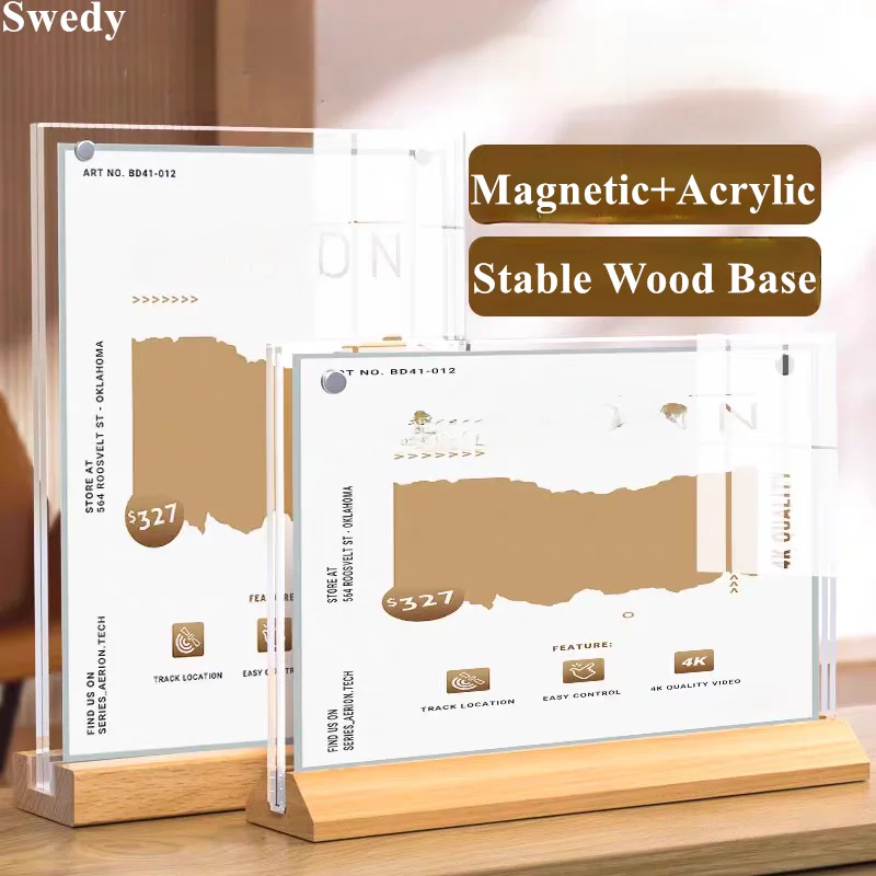 A5 148x210mm Magnetic Acrylic Sign Holder Display Stand Wooden Base Table Menu Paper Holder Price Flyer Poster Frame