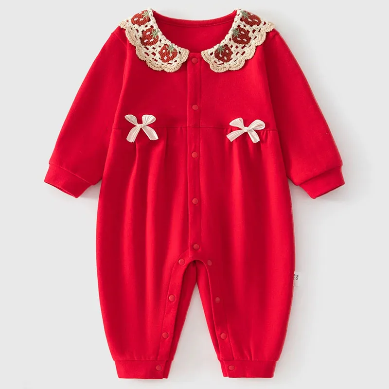 Spring Fall Baby Girl Clothes New Year Cute Strawberry Bow Peter Pan Collar Red Long Sleeve Cotton Jumpsuits Newborn Items B320