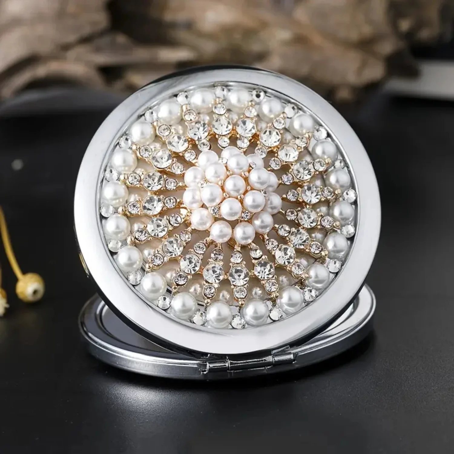 Mini Beauty Makeup Mirror, Vergrößerungsspiegel, Perlen-Schneeblumen-Design, elegantes Hochzeitsgeschenk