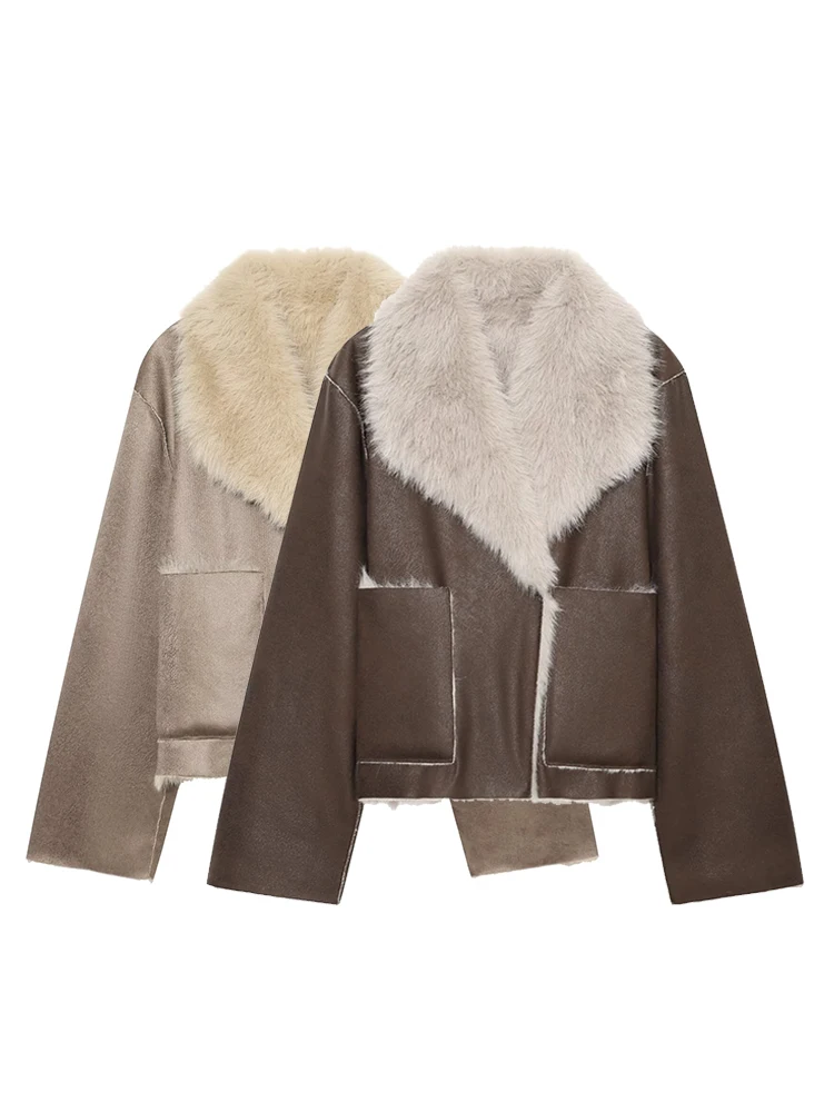 HH Chic Two Sided Faux Fur Jacket Fall Winter 2026 Cropped Fit Wide Notched Lapel Plush Texture Versatile Casual Office Outerwea