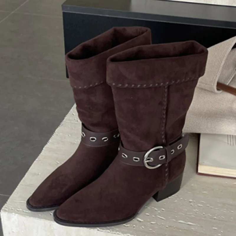 

Eilyken модные женские ботильоны с острым носком и пряжкой на ремешке, туфли в стиле панк с перевернутым краем и квадратными туфлями на низком каблуке