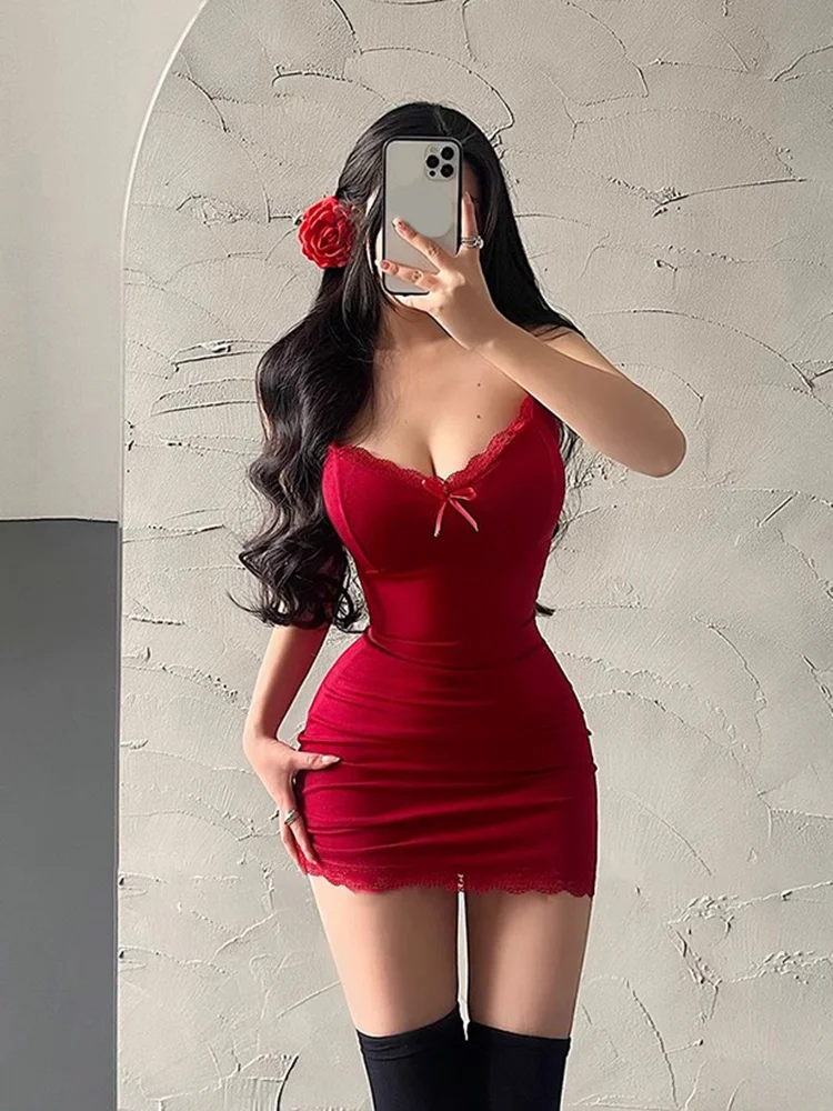 Sexy Spitze Spleißen Ärmelloses Mini Kleid Frauen Dünne Schlinge Rot Sommerkleid Kurze Club Sommer Schwarz Bodycon Kleider Party Mädchen – Detail 9
