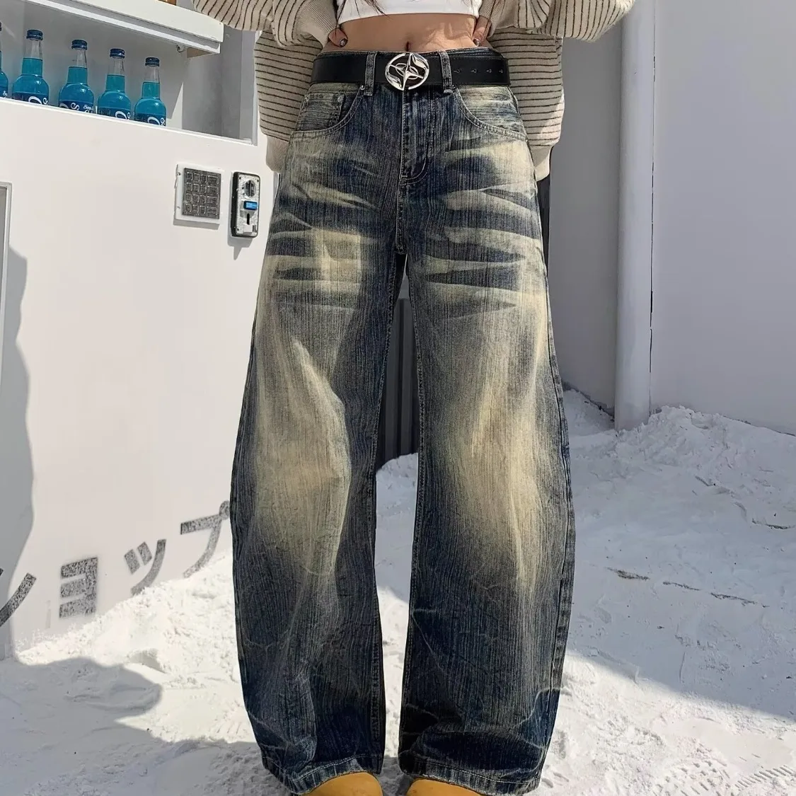 Retro Washed Bamboo Texture Straight Leg Denim Pants - Unisex Loose Fit American Flare Casual Oversized Flare Pants