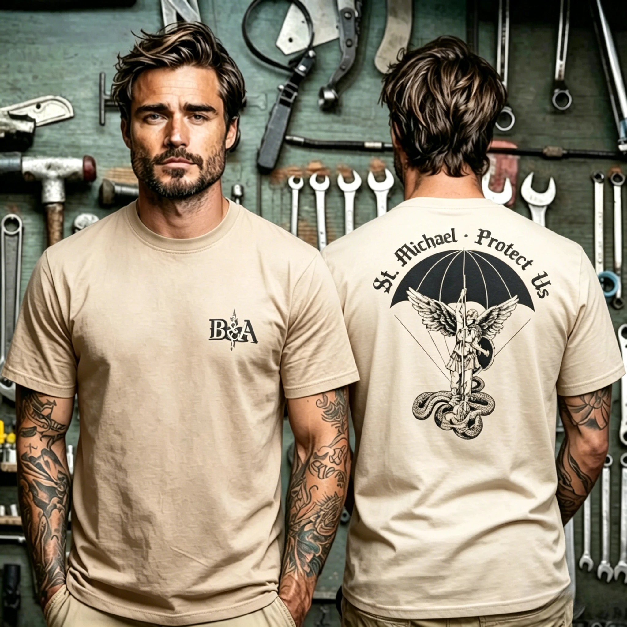 St Michael Protect Us Graphic Unisex T‑Shirt, Front Small B&A Logo and Back Large Archangel Parachute Snake Print Tee