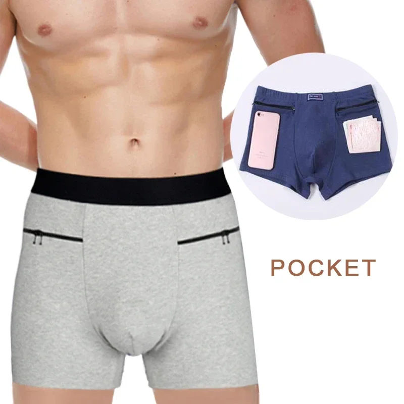 Man Outdoor Travel Safe Boxers with Dual Pockets with Zippers Phone Key Passpord Storage Underwear Hidden Bag Lingerie