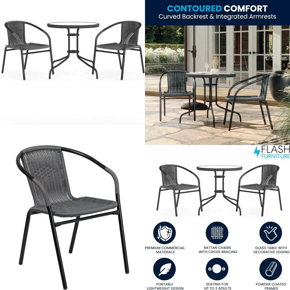 

3-Piece Outdoor Patio Dining Set with Glass Metal Table and Stackable Rattan Chairs, Bistro Table for Indoor/Outdoor Use