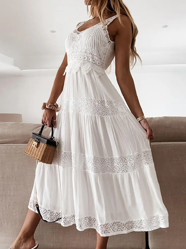 Casual Summer Sleeveless Dress Chic Women V Neck Hollow Out Party Dress Elegant Lady Solid White Streetwear Maxi Dresses Vestido