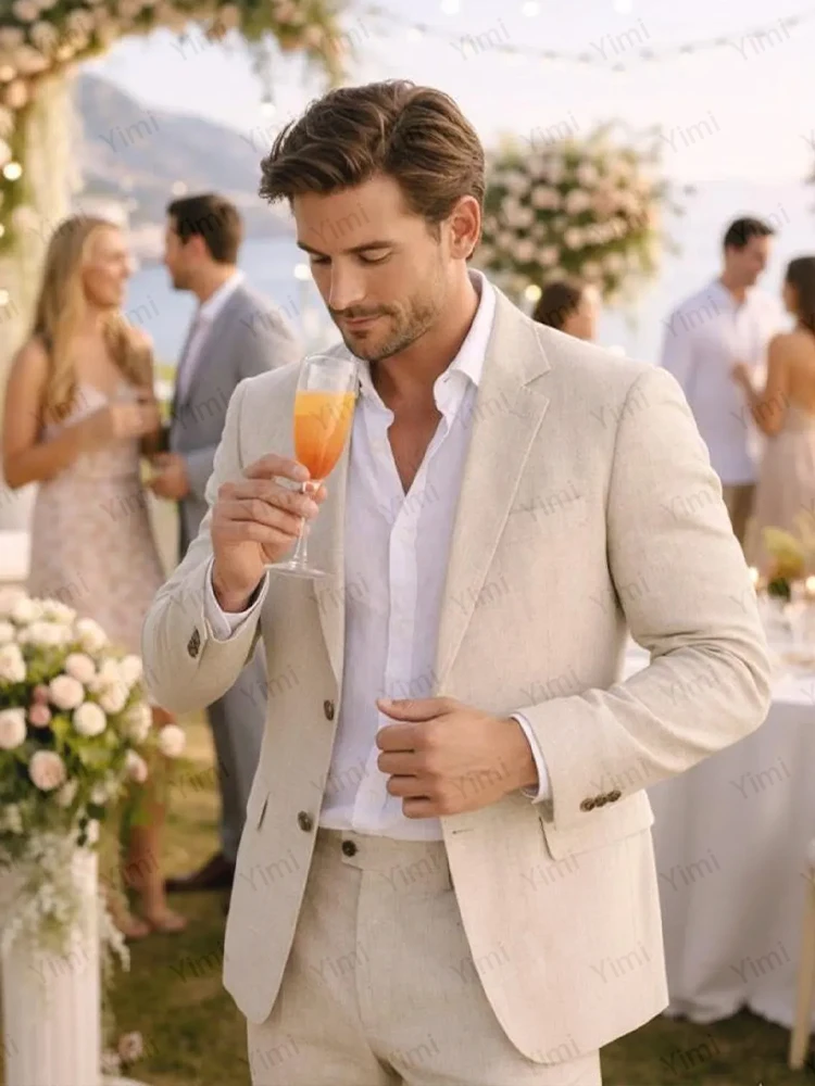 Beige Linen Suits for Men Peaked Lapel Single Breasted Wedding Groom Two-Piece Set Groom Beach Outfit Business Blazer Customize