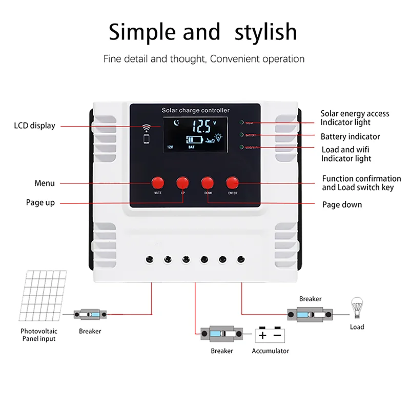 Solar Charge Controller 10A/20A/30A/40A/50A App Real-time Data Monitoring LED Display Intelligent 12V/24V/48V Solar Controller