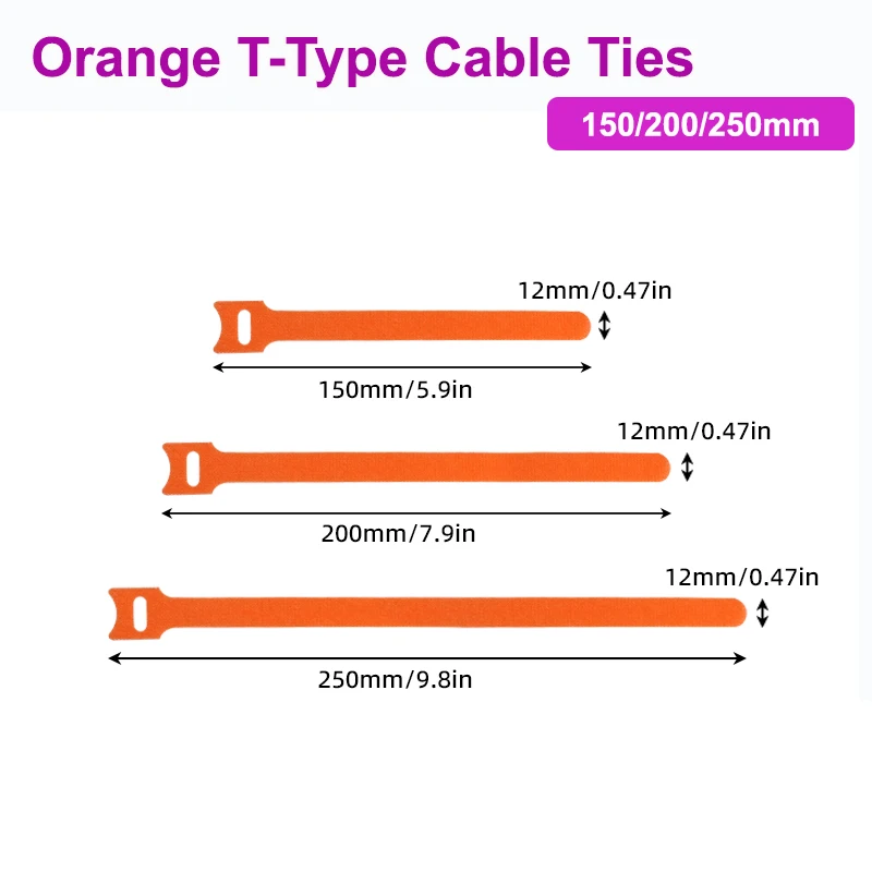 Orange T-type Reusable Cable Tie Adjustable Cord Ties Nylon Cable Management Straps Hook Loop Cord Organizer Wire Fasteners