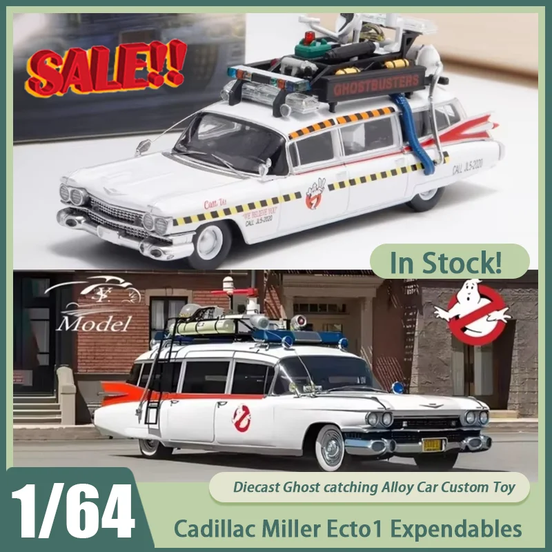 Novo em estoque ys 1:64 cadillac miller ecto1 extensíveis filme carro liga miniatura diecast cadillac ornamentos brinquedo personalizado crianças gif