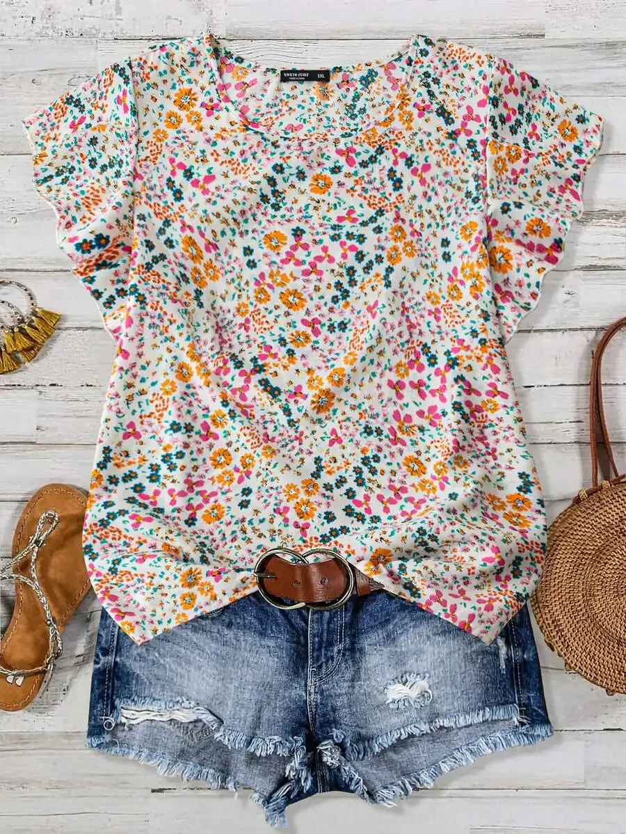 

Women's Floral Print Ruffle Sleeve Loose Fit Summer Top
