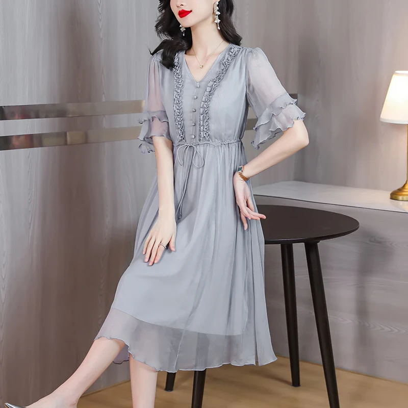 Summer Fashion Versatile Silk Dress for Women 2023 New Solid Color 5/4 Sleeve Loose Fit Casual Holiday Dress Vestidos