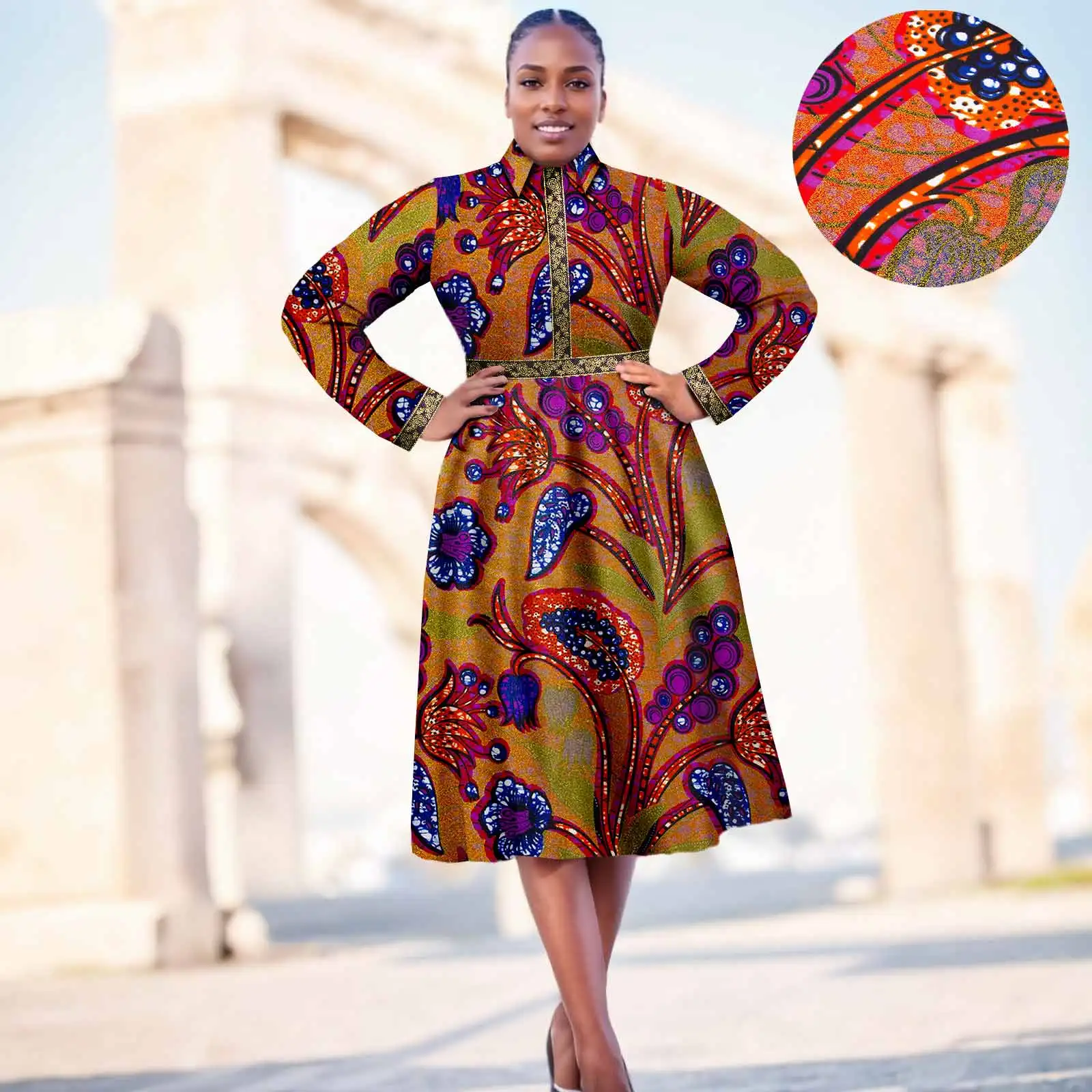 

Afripride Dashiki Women's Dresses African Ankara Long Sleeve Lapel Work Print Dresses 2425094