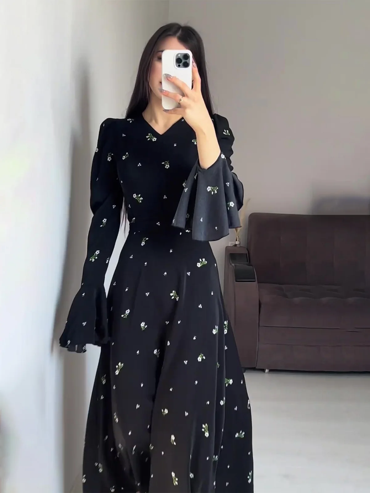 Eid Muslim Party Dress for Women Ramadan Lotus Leaf Sleeve Print Long Dress Belt Abaya Vestidos Largos Dubai Robe Jalabiya 2024