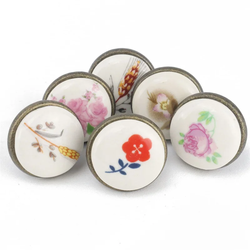 Round Ceramic Handle Furniture Cabinet Door Handles Flower Printing Wood Wardrobe Knobs Single-Hole Drawer Knob Hardware Pulls